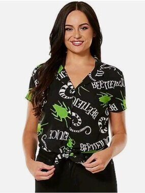 Beetlejuice Women's Black & Green Tie-Hem Button Down Shirt Size Large
